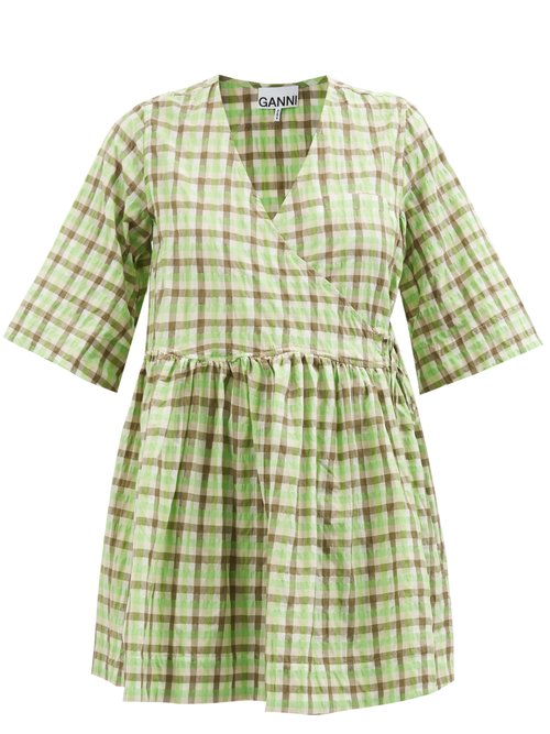 Ganni - Checked Organic-cotton Blend Seersucker Mini Dress - Womens - Green Multi