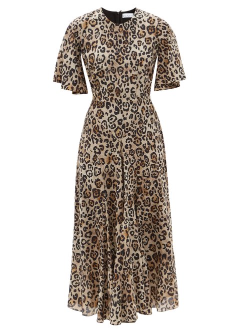 Raey - Godet-pleat Short-sleeve Silk Dress Leopard