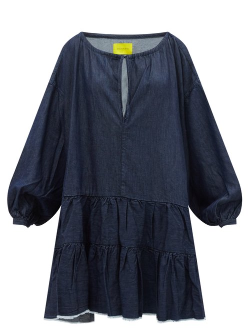 Marques'almeida - Oversized Tiered Washed-denim Mini Dress Mid Denim