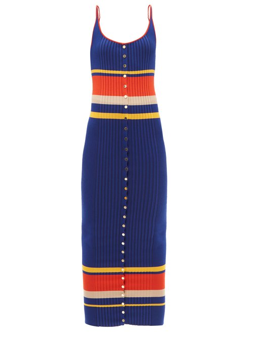 Paco Rabanne - Striped Ribbed Cotton-blend Maxi Dress Blue