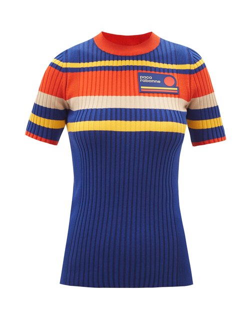 Paco Rabanne - Striped Ribbed Cotton-blend Jersey Top Blue Multi