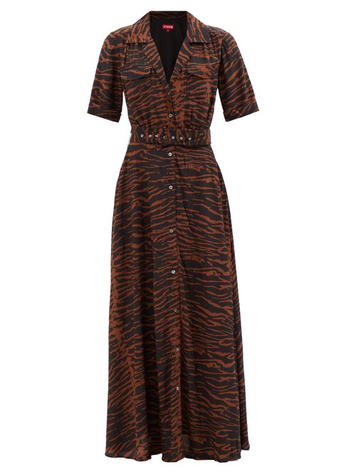 Staud – Millie Zebra-print Maxi Shirt Dress Brown