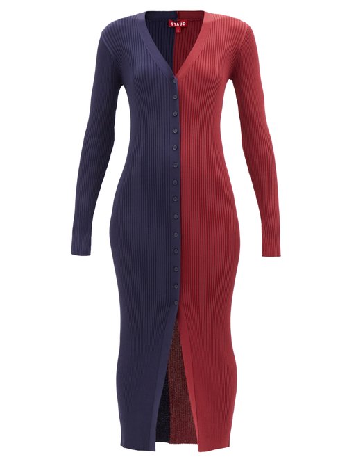 Staud - Shoko Buttoned Ribbed-knit Dress Navy