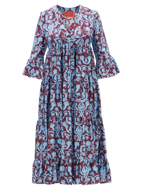 La DoubleJ - Jennifer Jane Brocade-print Silk-twill Midi Dress Blue Print