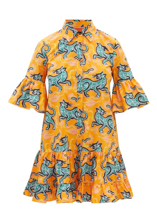 La DoubleJ - Choux Crazy Tiger-print Cotton Mini Shirt Dress Orange Print