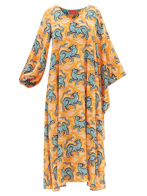 La DoubleJ - Opera Cape-sleeve Crazy Tiger-print Silk Dress Orange Print