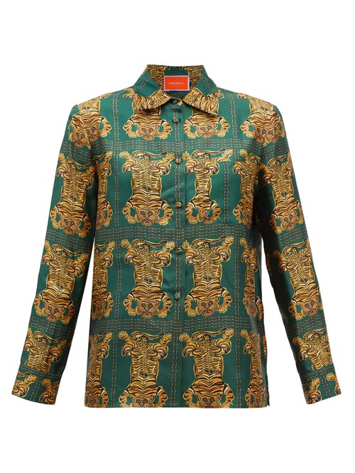 La DoubleJ - Boy Tiger-print Silk-twill Shirt Green Multi