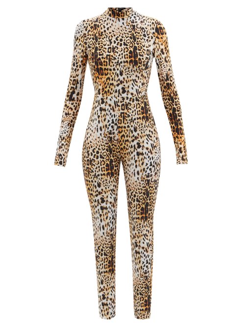 Halpern - High-neck Leopard-print Jersey Jumpsuit Black Beige