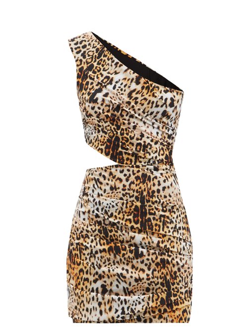 Halpern - One-shoulder Leopard-print Jersey Mini Dress Black Beige