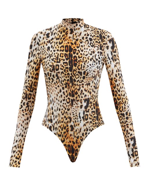 Halpern - High-neck Leopard-print Jersey Bodysuit Black Beige