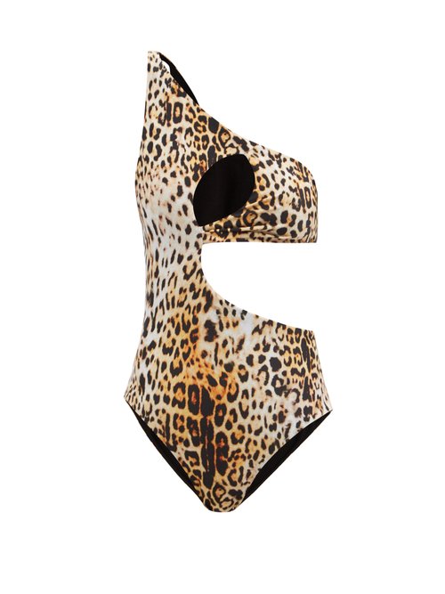 Halpern - One-shoulder Leopard-print Jersey Swimsuit Black Beige Beachwear