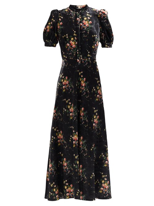 Brock Collection – Tracy Puff-sleeve Floral-print Velvet Dress Black