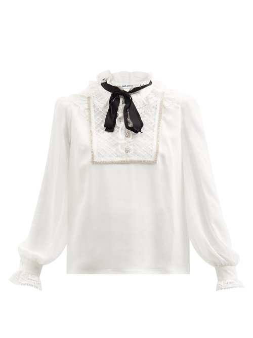 Self-portrait - Pussy-bow Broderie Anglaise-trimmed Chiffon Blouse White