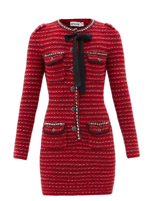 Self-portrait - Tweed-effect Wool-blend Knitted Mini Dress Red