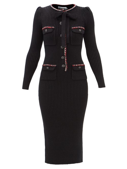 Buy Self-portrait - Rib-knitted Cotton-blend Midi Dress Black online - shop best Self-Portrait clothing sales