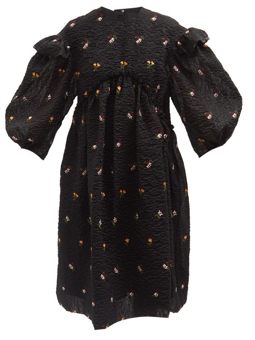Buy Simone Rocha - Floral-embroidered Puffed-sleeve Cloqué Dress Black online - shop best Simone Rocha clothing sales