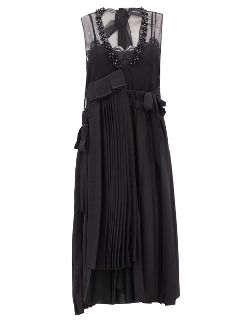 Simone Rocha - Beaded Pleated-panel Mesh Midi Dress Black