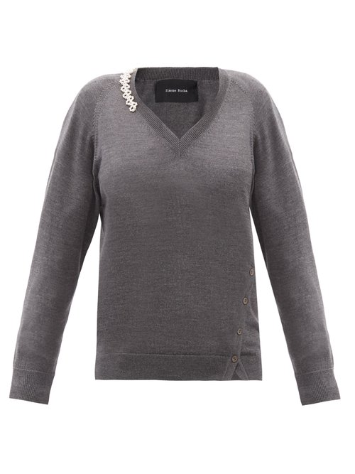 Buy Simone Rocha - Faux-pearl Beaded Asymmetric Wool-blend Sweater Grey online - shop best Simone Rocha 