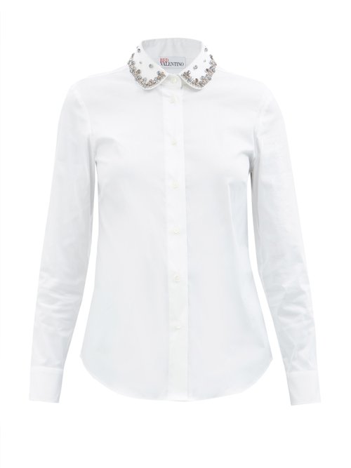 Buy REDValentino - Crystal-embellished Cotton-blend Poplin Shirt White online - shop best REDValentino 