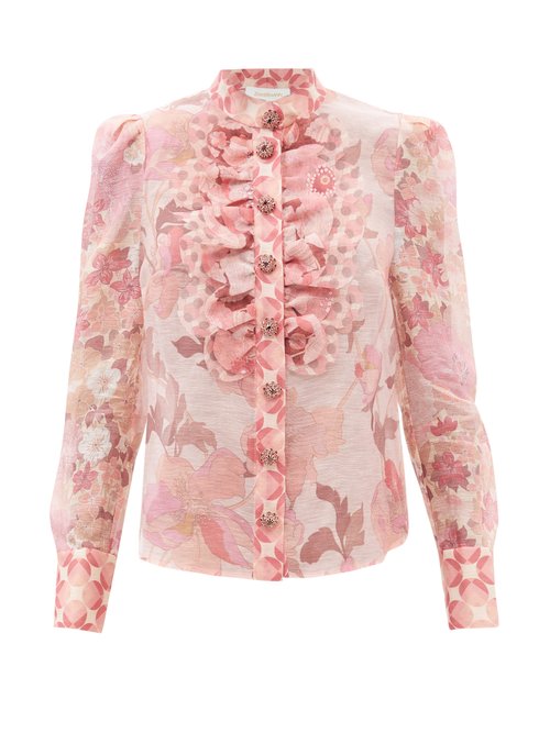 Buy Zimmermann - Concert Ruffled Floral-print Linen-blend Blouse Pink Print online - shop best Zimmermann 
