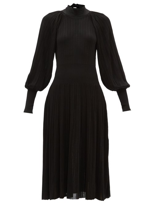 Zimmermann - High-neck Balloon-sleeve Ribbed-knit Midi Dress Black