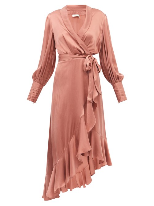 Zimmermann - Bishop-sleeve Silk Wrap Midi Dress Pink