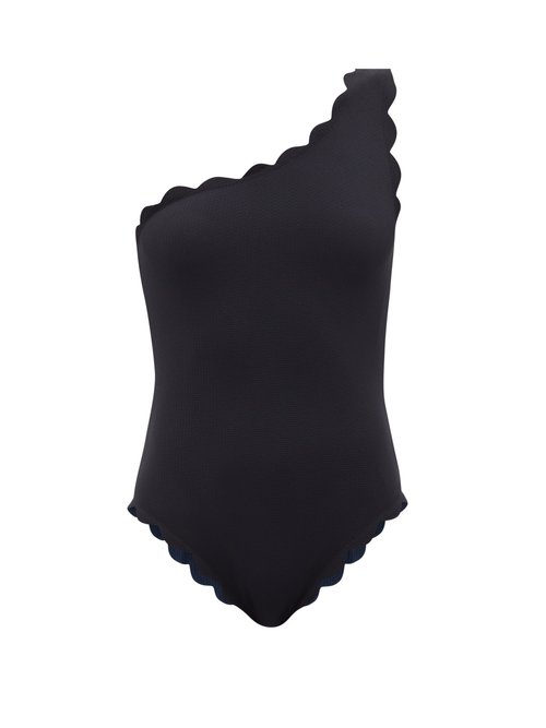 Marysia - Santa Barbara Scalloped One-shoulder Swimsuit Black Beachwear
