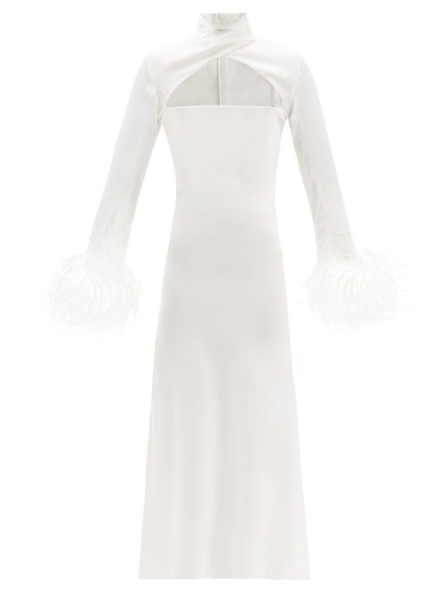 16arlington - Odessa High-neck Feather-trim Satin Dress Ivory