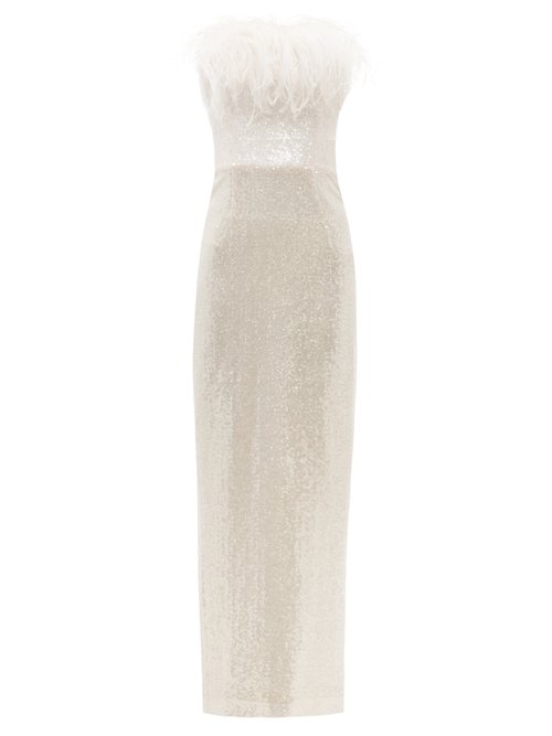 16arlington - Jorja Feather-trim Off-the-shoulder Sequinned Gown Ivory