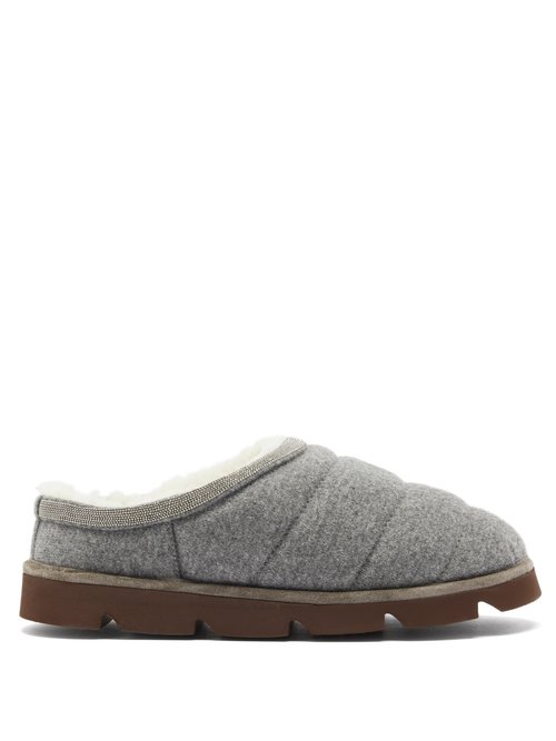 Brunello Cucinelli - Monili-embellished Quilted-cashmere Slippers Grey