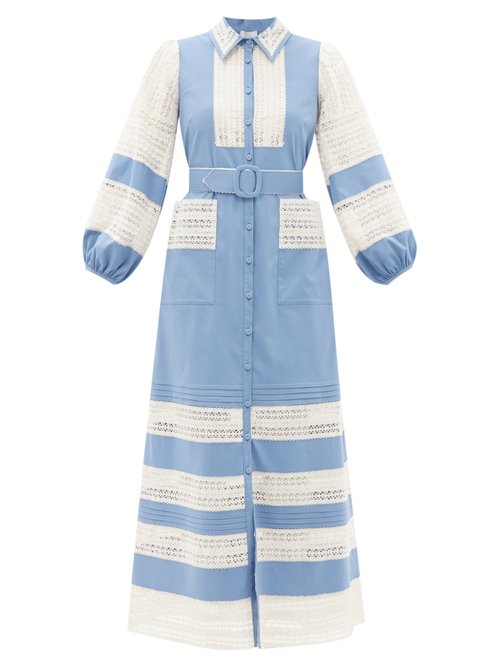 Luisa Beccaria - Belted Lace-trimmed Cotton Dress Blue White