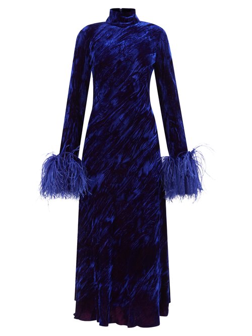 16arlington - Umiko Feather-trim Velvet Dress Navy