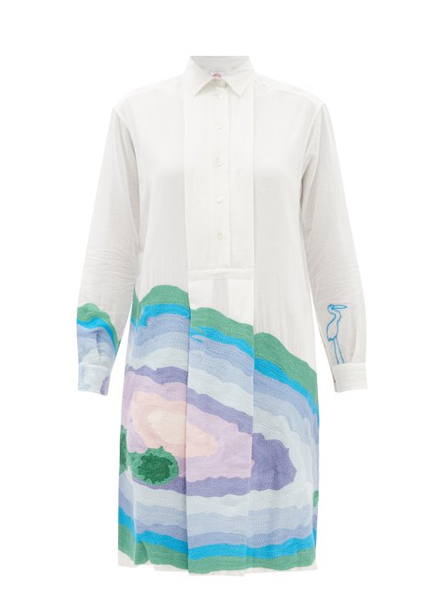 Buy Kilometre Paris - Ojo De Agua Embroidered Cotton-khadi Shirt Dress White Multi online - shop best Kilometre Paris clothing sales