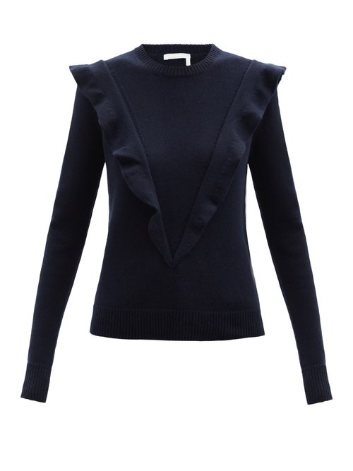 Chloé - Ruffled Recycled-cashmere Sweater Navy