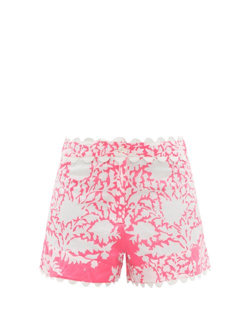 Juliet Dunn - Scalloped Floral-print Cotton-voile Shorts Pink Print Beachwear