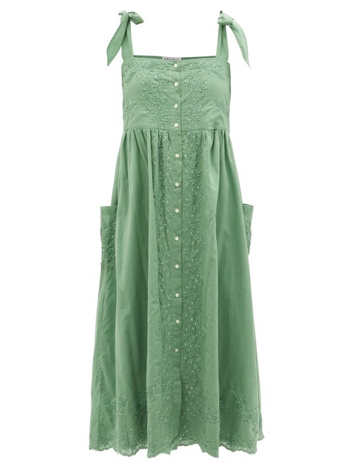 Juliet Dunn - Tie-shoulder Floral-embroidered Cotton Dress Khaki