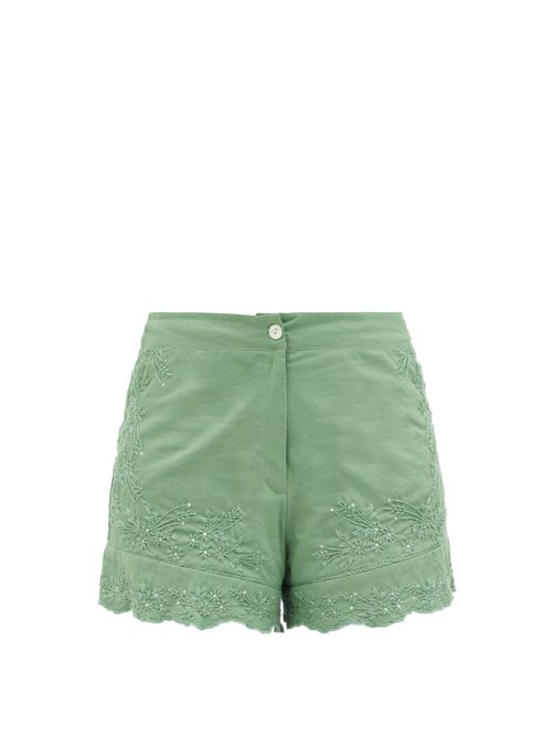 Juliet Dunn Floral-embroidered High-rise Cotton Shorts