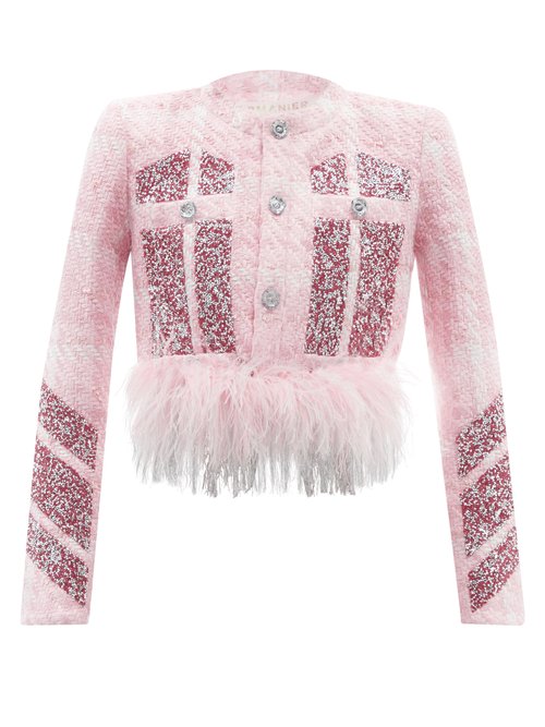 Germanier - Feather-trimmed Embellished Tweed Jacket Light Pink