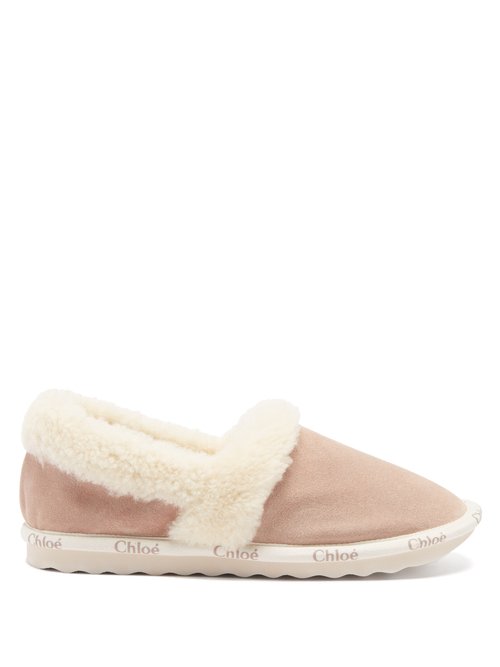 Chloé Woody Logo-detailed Shearling-lined Suede Slippers In Black 