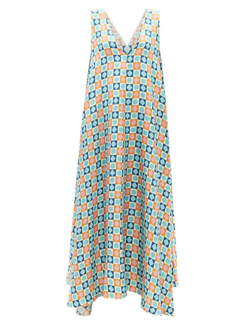 La DoubleJ - Tent Diamond Dots-print Silk-twill Maxi Dress Yellow Print