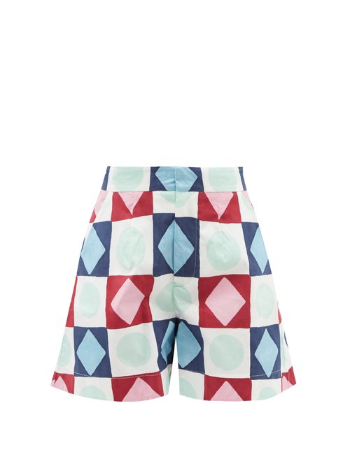 La DoubleJ - Good Butt Geometric-print Cotton-poplin Shorts Burgundy Print Beachwear
