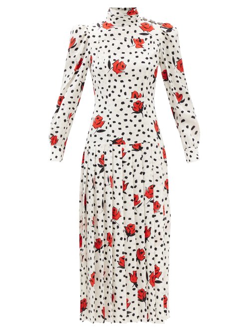 Alessandra Rich - High-neck Rose & Polka-dot Print Silk Dress White Multi