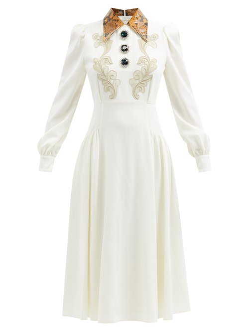 Alessandra Rich - Macramé Lace-appliqué Wool-blend Midi Dress White