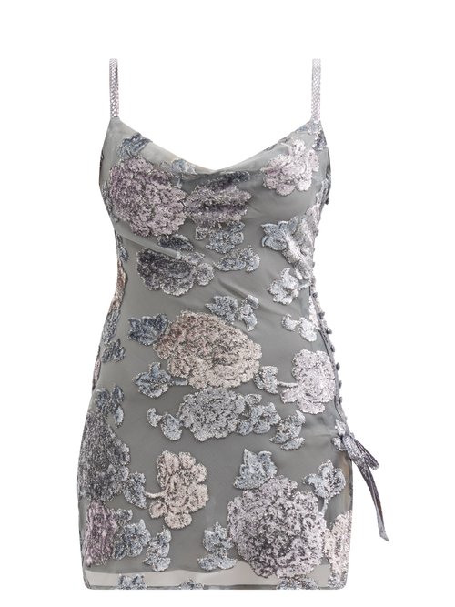 Alessandra Rich - Cowl-neck Floral-devoré Chiffon Mini Dress Silver
