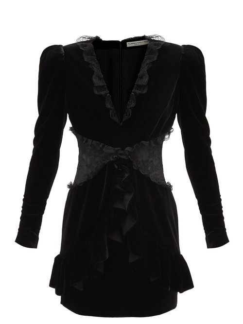 Alessandra Rich - Lace-trimmed V-neck Velvet Mini Dress Black