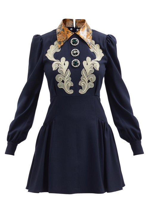 Alessandra Rich - Macramé Lace-appliqué Wool-blend Mini Dress Blue Navy
