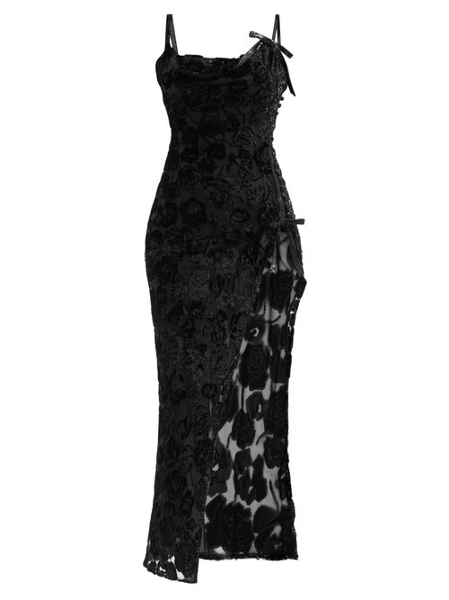 Buy Alessandra Rich - Rose Velvet-devoré Bias-cut Slip Dress Black online - shop best Alessandra Rich clothing sales