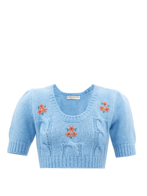 Alessandra Rich - Floral-embroidered Alpaca-blend Cropped Sweater Light Blue