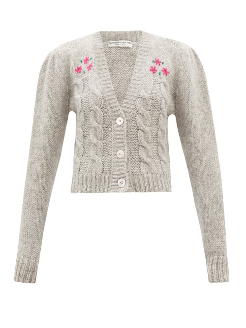 Alessandra Rich - Floral-embroidered Alpaca-blend Cropped Cardigan Light Grey