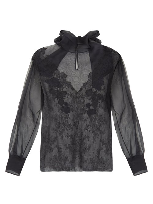 Valentino - Pussybow Floral-embroidered Silk-organza Blouse Black